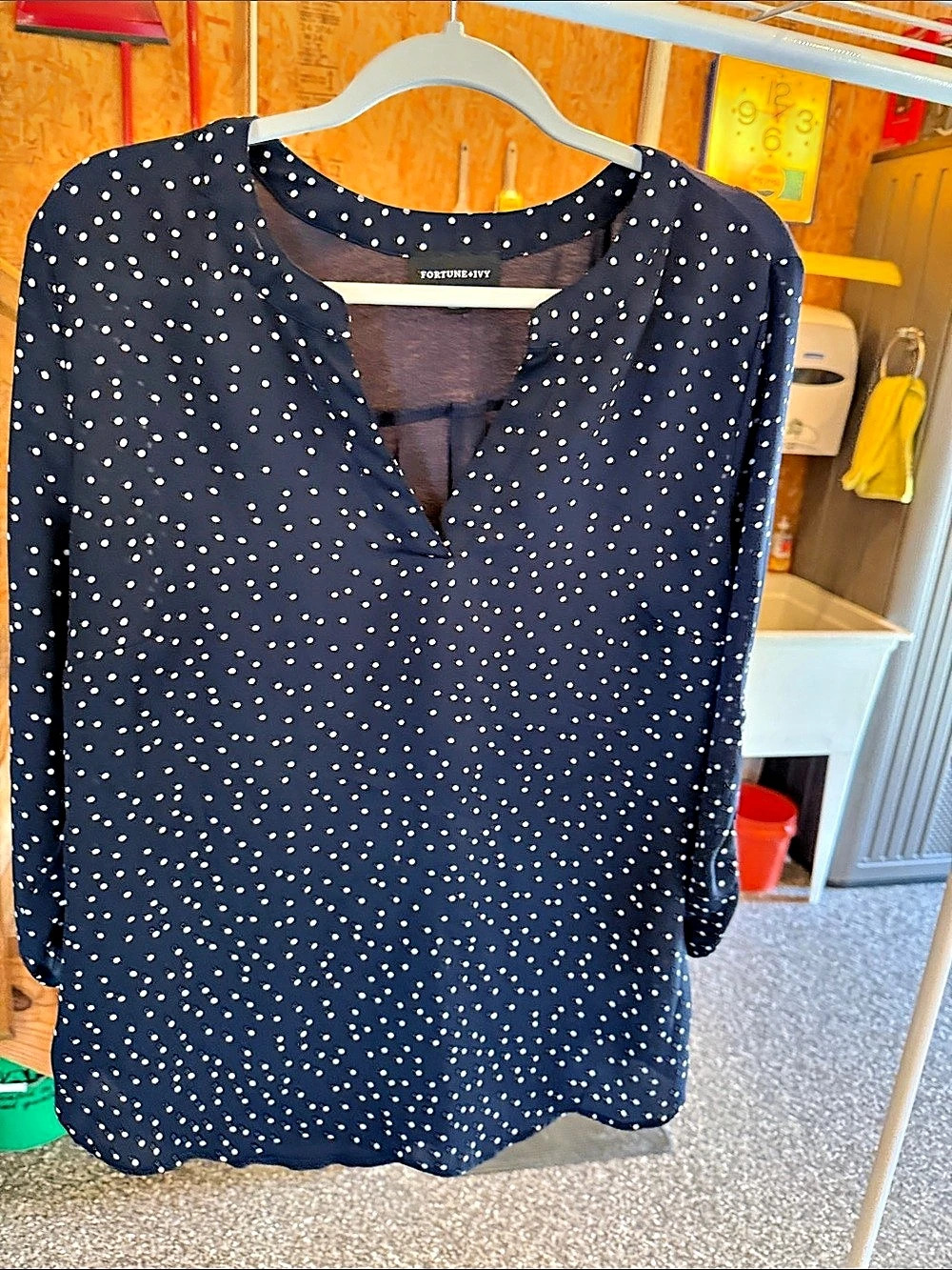 FORTUNE+IVY Polka Dot Blouse in Blue Size Large